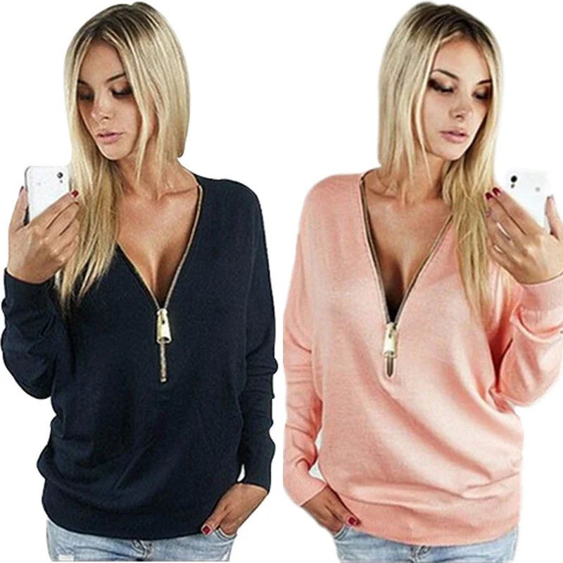 women T Shirt fashion V-Neck long sleeve autumn women tops zipper t-shirt blusas femininas TSTS1-- Faux Fur Fabric Real Fur Fabric Shearling Fabric