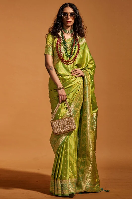 Alluring Green Handloom Weaving Party Wear Satin Silk Saree With Blouse Slim Fit Blouse