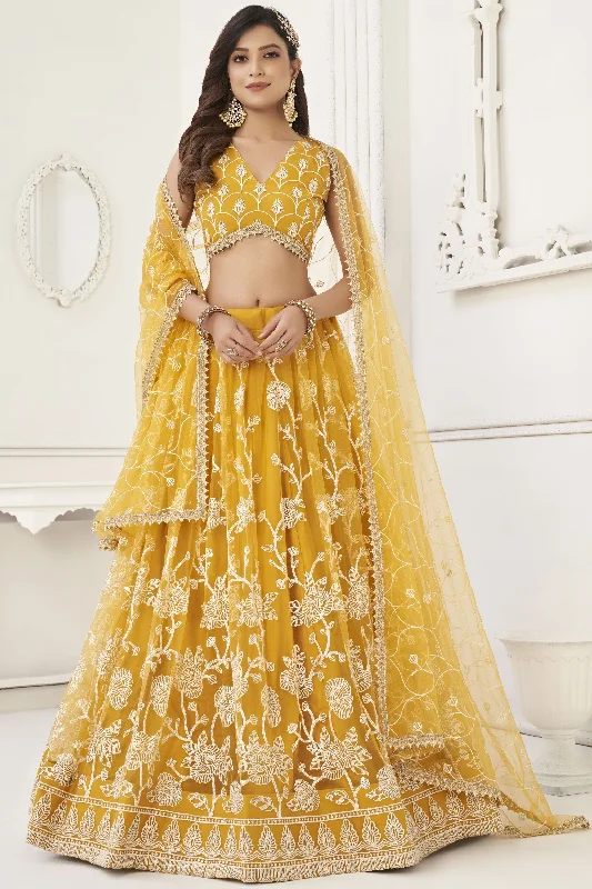 Yellow Designer Embroidered Lehenga Choli In Net Fabric With Alluring Blouse Elegant Office Blouse