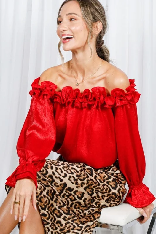 Vine & Love Ruffle Off-the-Shoulder Metallic Blouse in Red Pleated Collar Blouse