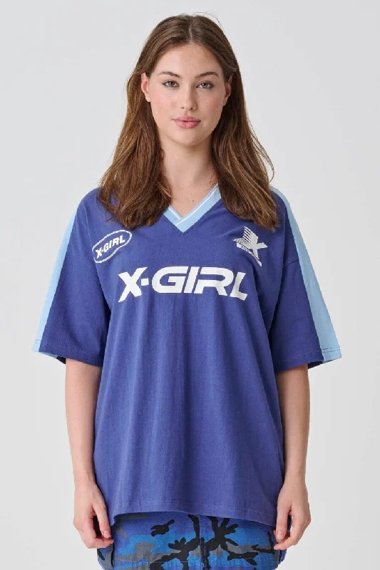 X-Girl Sport V Neck Relaxed T-Shirt-- Chenille Fabric Brocade Fabric Lace Fabric
