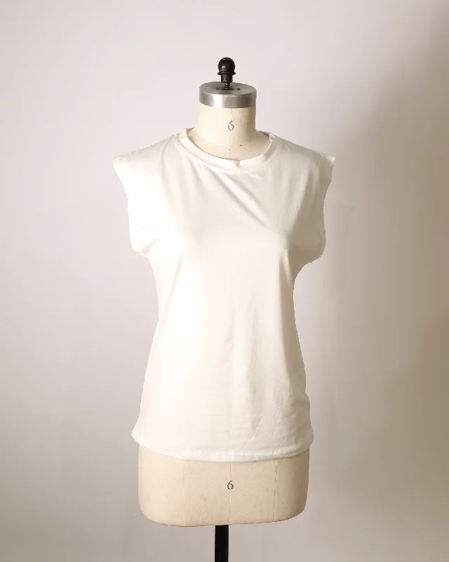 Round Neck Sleeveless T-Shirt - White-- Striped Floral Plaid