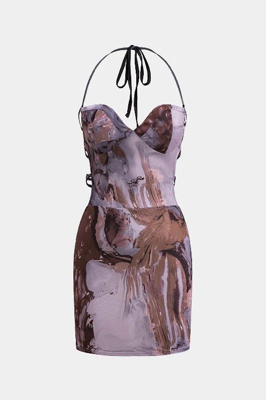 Tie Dye Backless Strappy Bustier Mini Dress Stylish Puff Sleeve Mini Dress