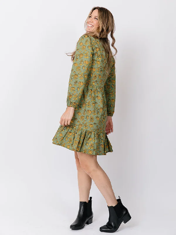 Erin Mini Dress - Green Floral Cozy Cowl Neck Mini Dress