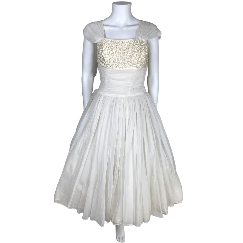 Vintage 50s Party Dress White Nylon Chiffon Sequinned Bust S Tunics Party sparkling