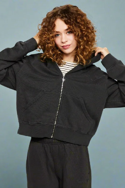 Samii Ryan Black Stone Wash Zip-Up Hoodie Hoodie with Sequins Glamorous Eye-catching