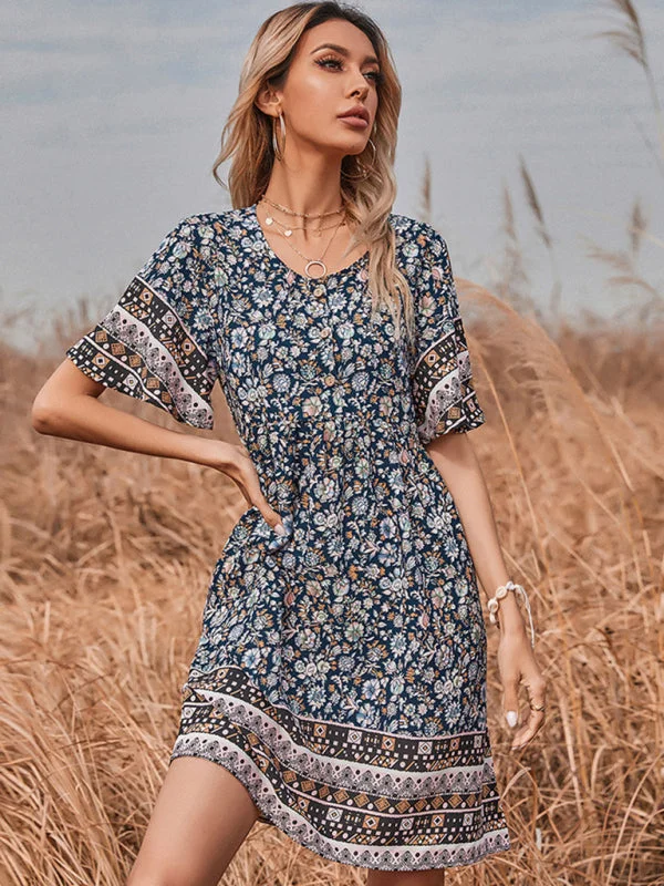 New Women's Printed Round Neck Short Vintage Dress Square Neckline Feminine