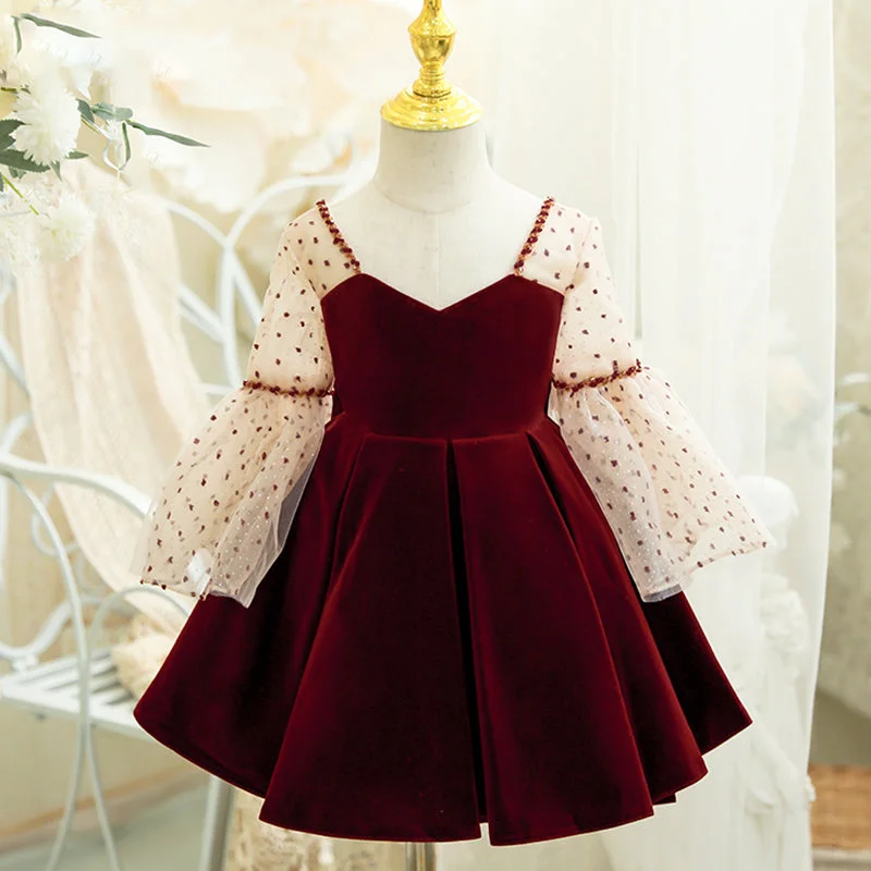 Toddler Ball Gowns Girl Wine Red Polka Dot Trumpet Sleeve Velvet Princess Dress Tunics Polka dots