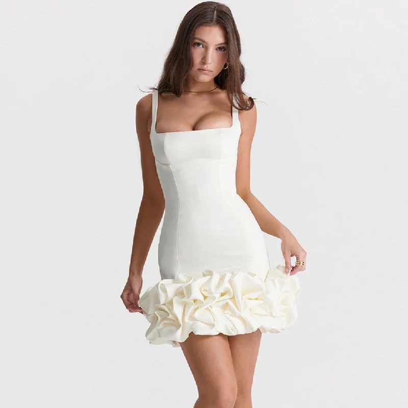 BerryBetty - Ruffle Hem Square Neck Sleeveless Bodycon Party Mini Dress - White Comfortable Bodycon Mini Dress