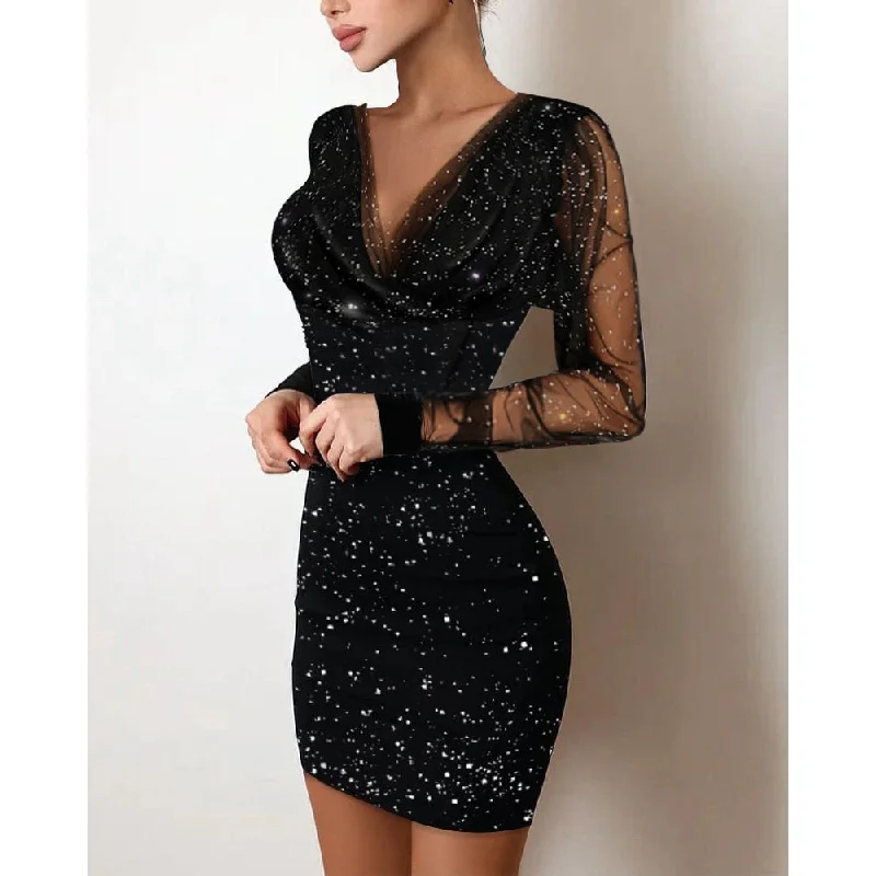Sequin Sheer Mesh Glitter Long Sleeve Party Dress Tunics Luxurious high-end