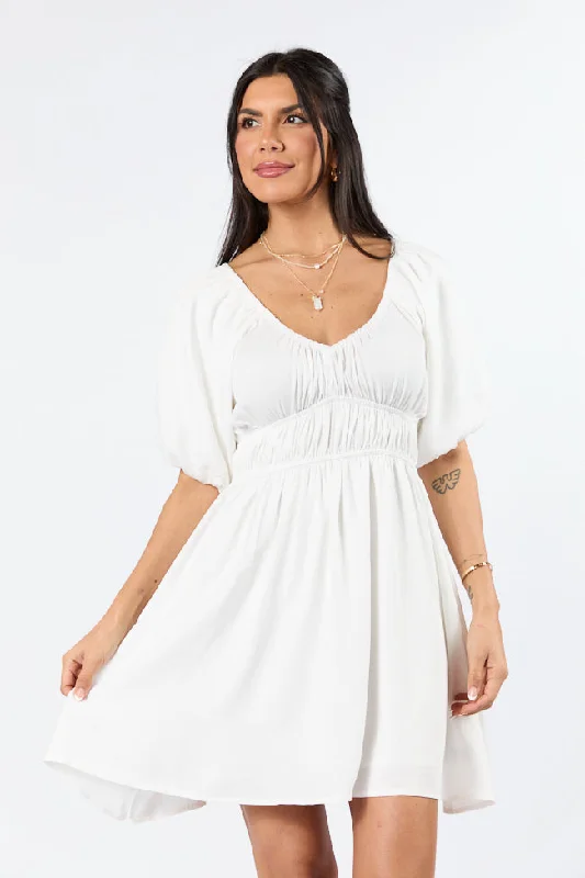 When In Paradise White Solid Mini Dress Elegant Floral-Print Mini Dress