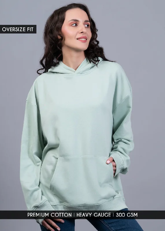 Solid Mint Green Women Drop Shoulder Terry Hoodie | Pronk Hoodie with Ribbed Neckline Snug Warm