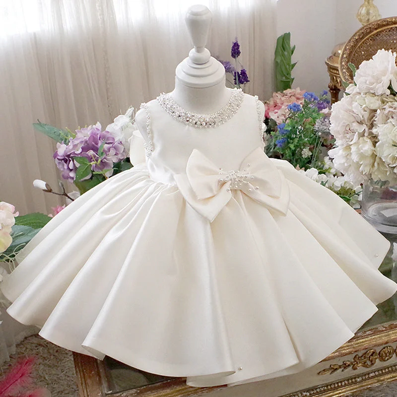 Flower Girl Dresses Baby Girl White Textured Beaded Round Neck Sleeveless Puffy Princess Dress Tunics Trendy modern