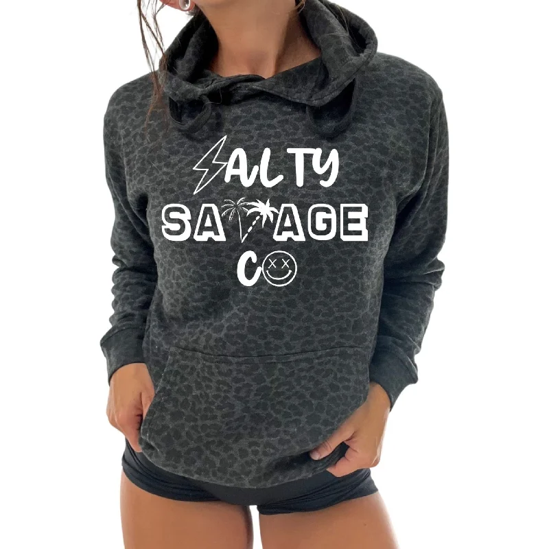 Salty Savage Unisex “90’s Logo” Classic Hoodie | Black Leopard/White Hoodie with Crew Neck Simple Timeless