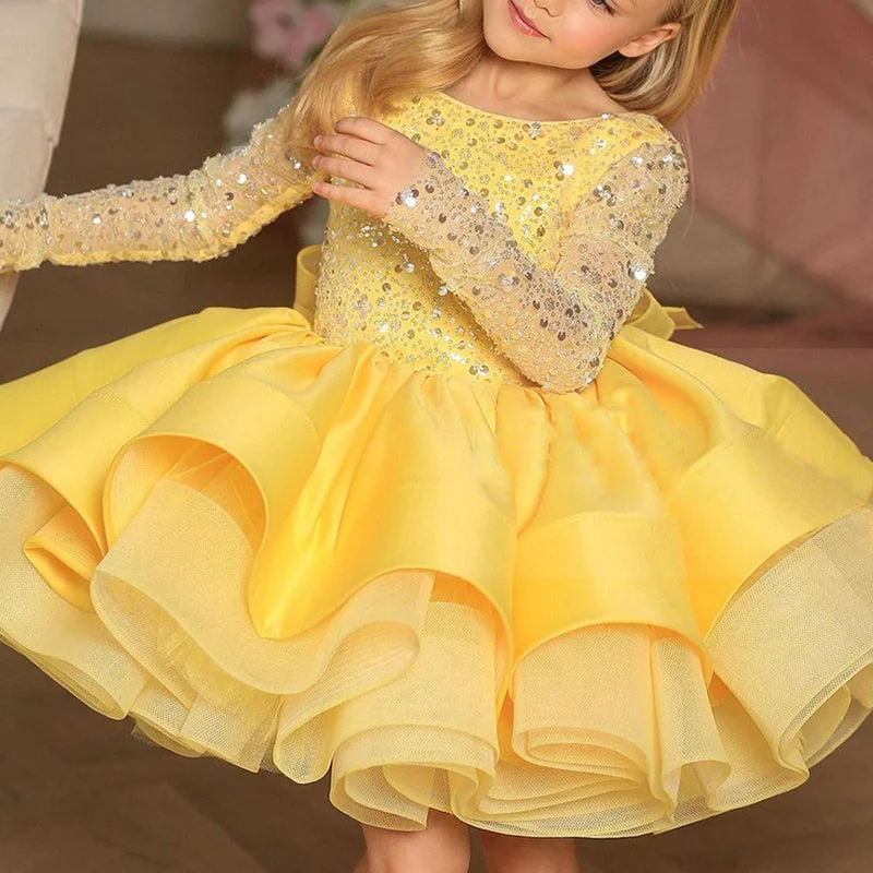Baby Girl Bowknot Fluffy Sequin Long Sleeve Birthday Party Princess Dress Off-the-shoulder Chic Trendy