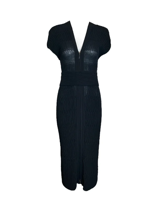 CHANEL Black Pleated Bodycon Full Length Dress + Belt Tunics Modern contemporary