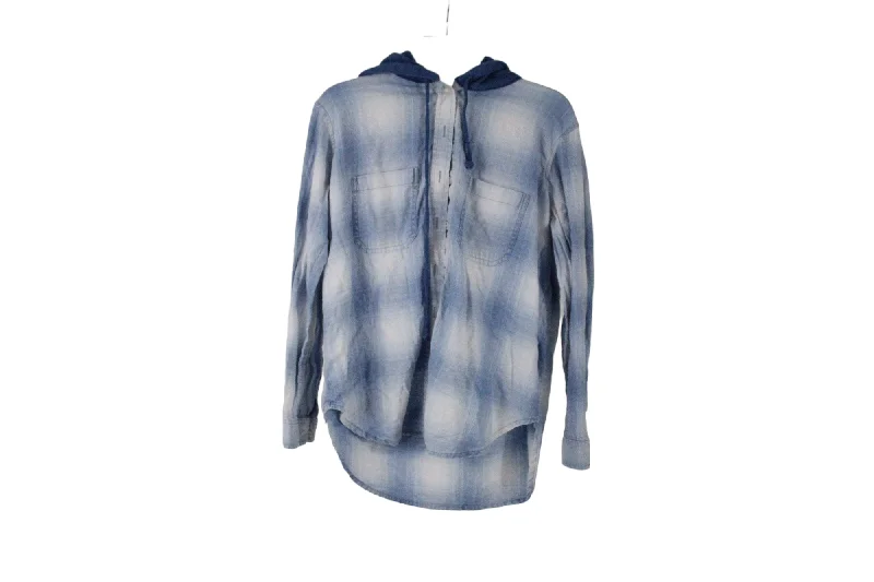 American Eagle Blue Plaid Button Down Hoodie | S Hoodie with Batwing Sleeves Loose Dramatic