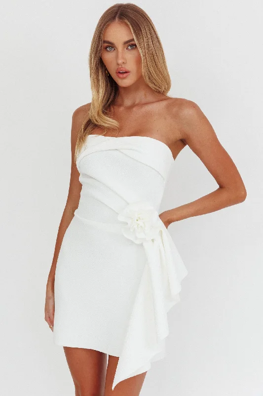 Sasha Cascade Ruffle Rosette Mini Dress White Comfortable Ruffle Mini Dress