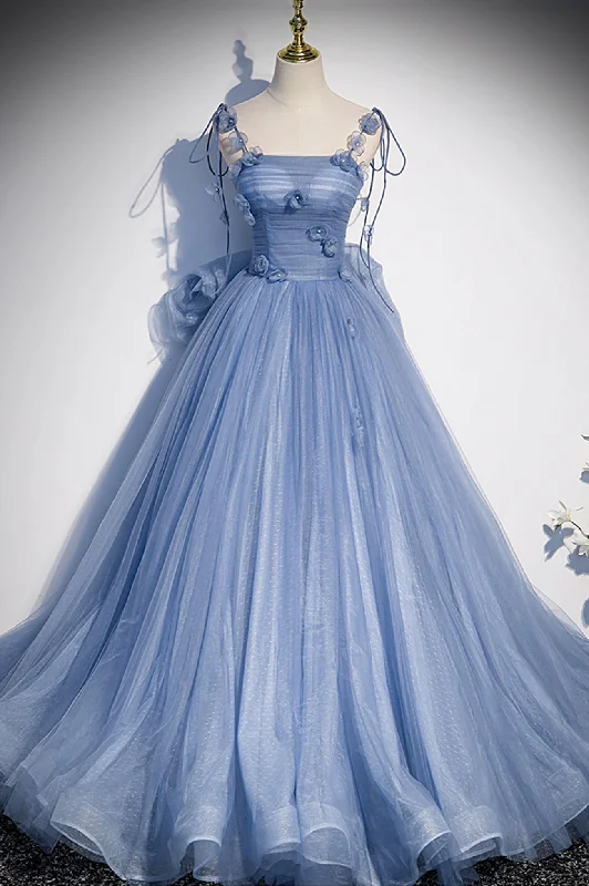 Karla | Blue Tulle Long A-Line Prom Dress Blue Spaghetti Straps Party Dress with Bow Tunics Chic elegant