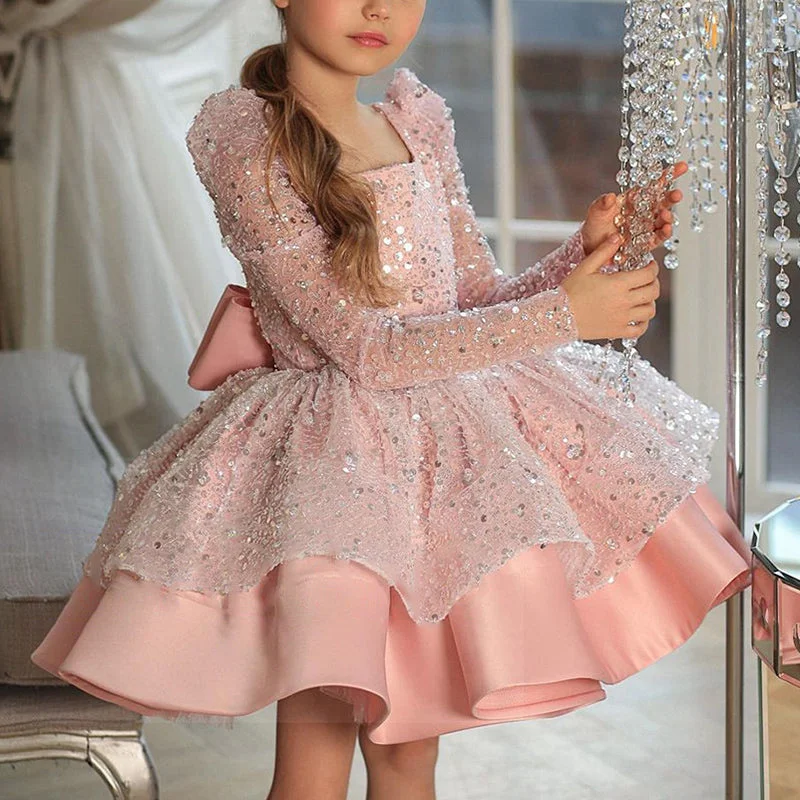 Girl Formal Dresses Autumn Cute Pageant Sequins Long Sleeve Princess Dresses Shift Classic Vintage