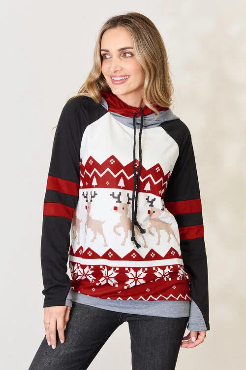 Double Take Full Size Christmas Drawstring Long Sleeve Hoodie Hoodie with Contrast Stitching Detailed Premium