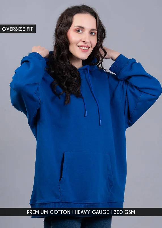 Solid Royal Blue Women Drop Shoulder Terry Hoodie Hoodie with Metallic Shiny Futuristic