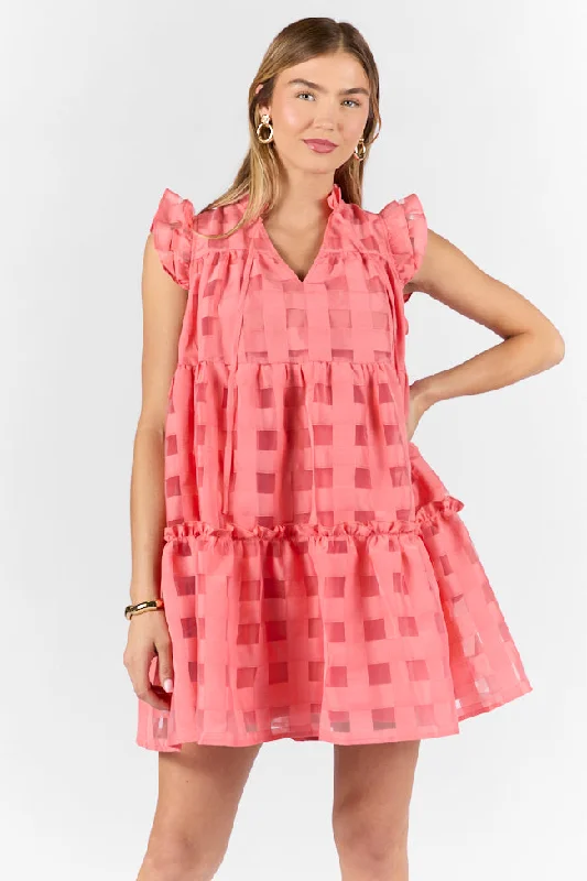 On The Line Coral Ruffle Shoulder Textured Mini Dress Stylish Sweetheart Mini Dress