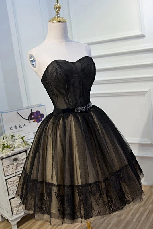 Black Lace Tulle Simple Homecoming Dress Pretty Short Party Dress OK916 Square Neckline Feminine