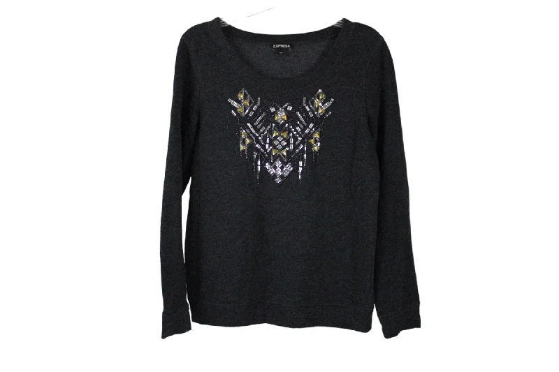 Express Charcoal Beaded Sweatshirt | S Hoodie with Puffed Sleeves Voluminous Trendy