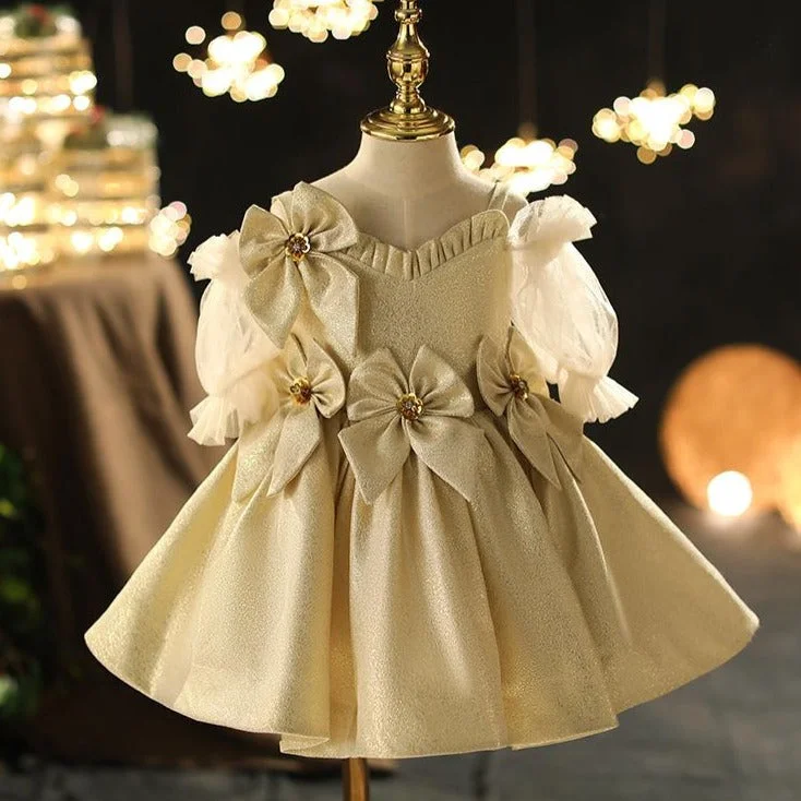 Toddler Ball Gowns Little Girl Flower Puff Sleeves Champagne Bow Princess Dress Tunics Evening elegant Toddler Ball Gowns Little Girl Flower Puff Sleeves Champagne Bow Princess Dress Tunics Evening elegant