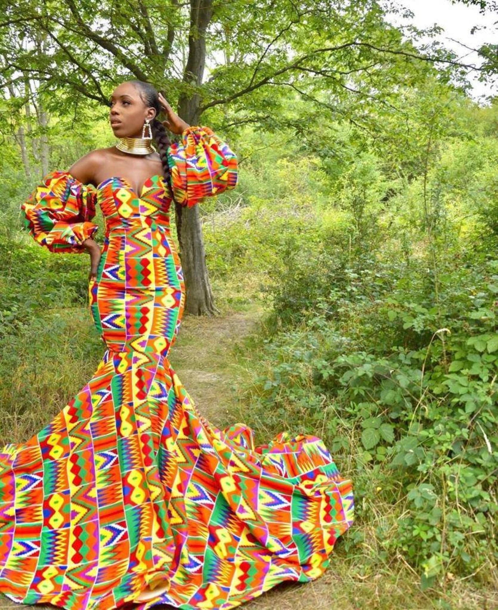 African Print Mermaid Gown - Ankara Fishtail Dress | African Maxi Mermaid Party Dress | Elegant African Fashion Gown Tunics stripes playful