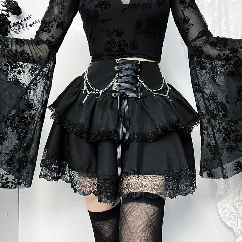Ruched lace hem metal chain lace up zip-up mini skirt | victorian gothic dresses Tunics Business professional