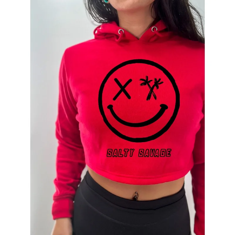 Salty Savage Ladies "Digital Spliced Smile" Cropped Hoodie Hoodie with Set-In Sleeves Structured Classic