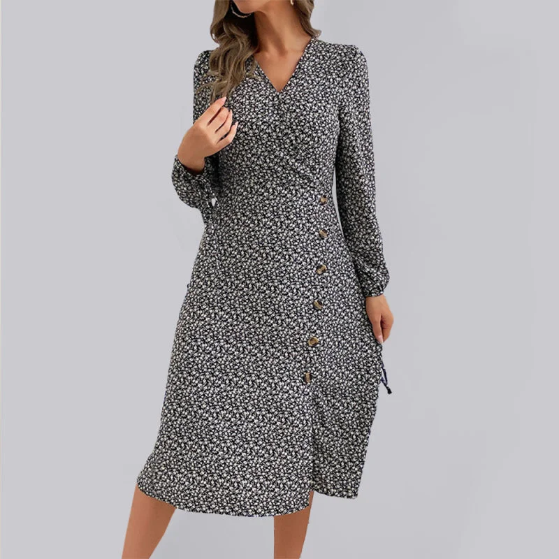 Women's Woven V-Neck Printed Long-Sleeved Slit Dress Tunics New arrival
