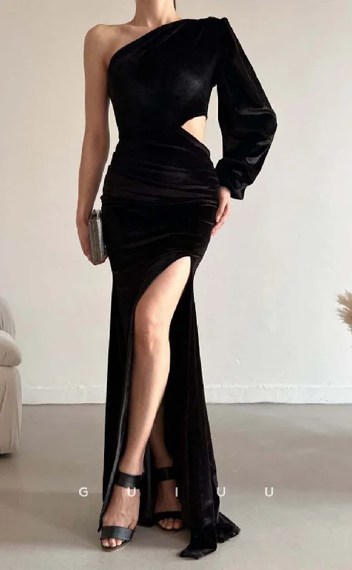 G3548 - Sexy & Hot Sheath One shoulder Long Bishop Sleeves Cut Outs High Side Slit Floor-Length Party Dress Lace Sexy Club G3548 - Sexy & Hot Sheath One shoulder Long Bishop Sleeves Cut Outs High Side Slit Floor-Length Party Dress Lace Sexy Club