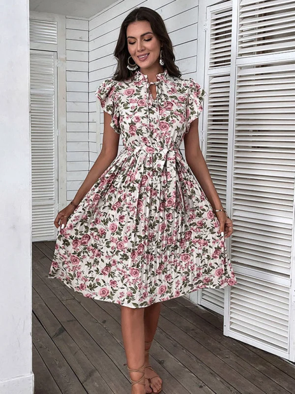 Summer European and American retro skirt print mid-length white dress Tunics Velvet soft