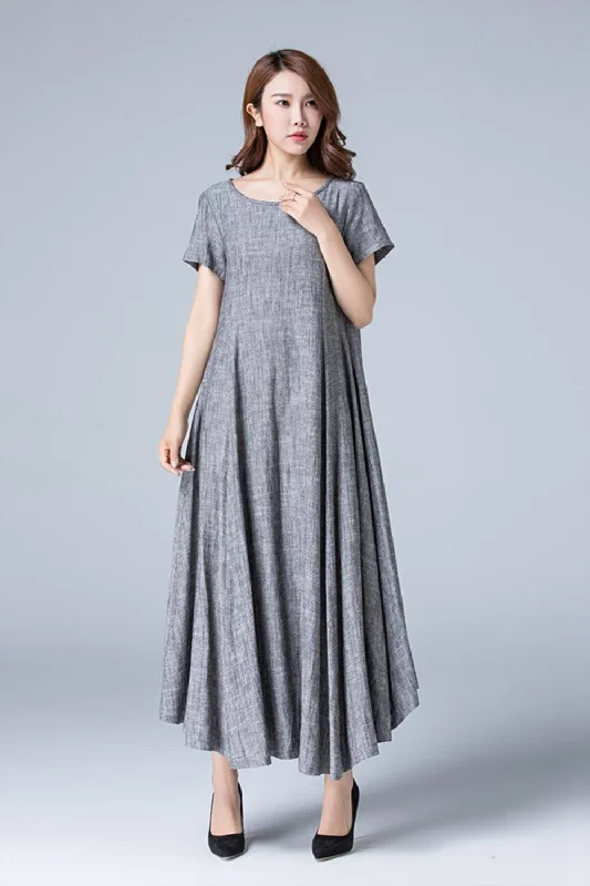 summer high  waist maxi length linen dress 1776 Crew Neckline Casual