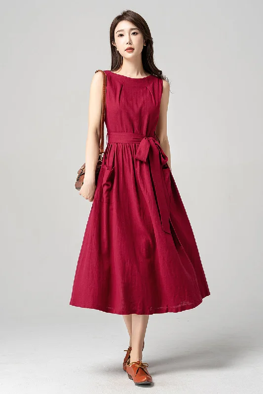 Red Sleeveless Midi Linen Dress 4190 - Size XS #CK2300222 Tunics Plaid country