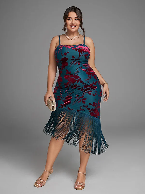 Star Style Floral Print Fringe Trim Velvet Cami Dress Tunics Yoga stretchy