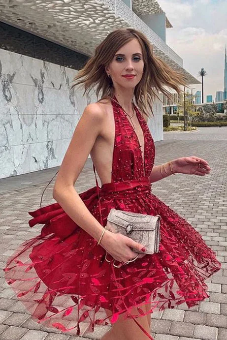 Plunging Neck Red Mini Party Dress with Ribbon,Short Homecoming Dress OKN34 Tunics Velvet soft