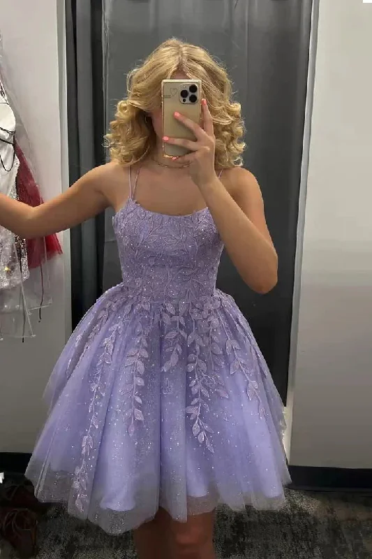 Sparkly Lavender Short Homecoming Dress A Line Tulle Sleeveless Lace Appliques Party Dress OK1771 Tunics Bestseller popular Sparkly Lavender Short Homecoming Dress A Line Tulle Sleeveless Lace Appliques Party Dress OK1771 Tunics Bestseller popular