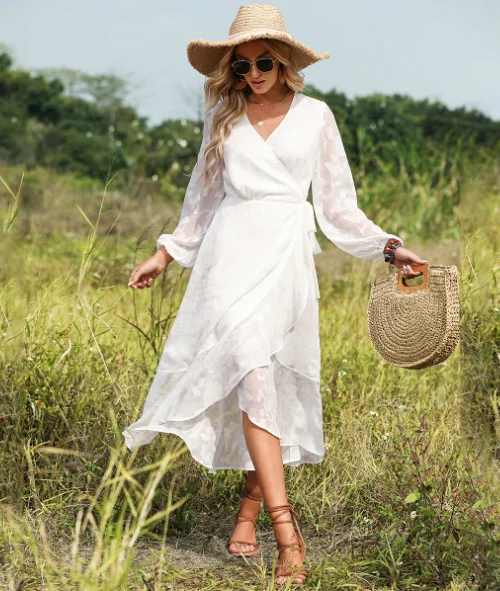 Bohemian beach holiday lace-up waist jacquard dress Tunics Fashionable trendy