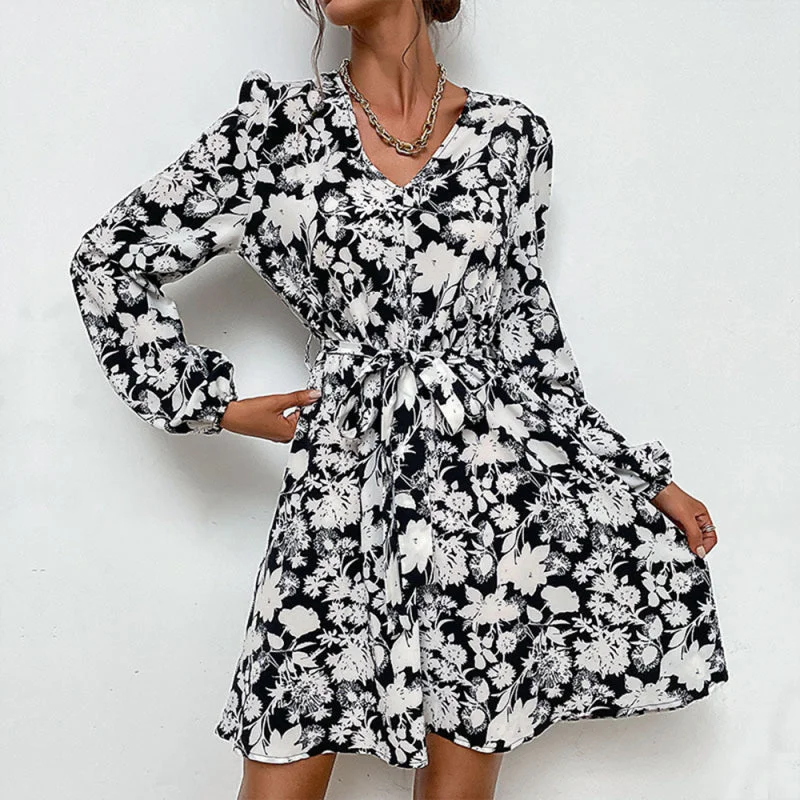 Women's Woven V-Neck Printed Long-Sleeved Dress Tunics Corduroy durable