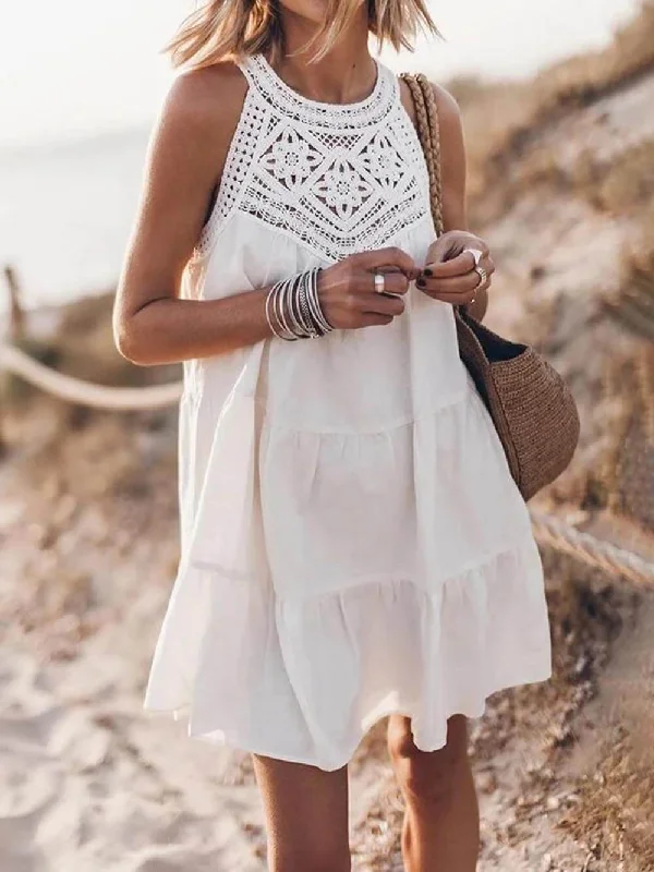Hollow Lace Patchwork Charming Halterneck A-Line Mini Dress Elegant Sequin Mini Dress
