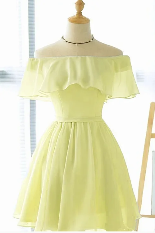 Cute Light Yellow Chiffon Short Party Dress Short A-line Off the Shoulder Homecoming Dress OKY23 Tunics Long Elegant