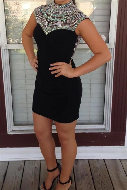 Black High Neck Mermaid Short Sheath Homecoming Dress Party Dress K409 Chiffon Maxi Beach