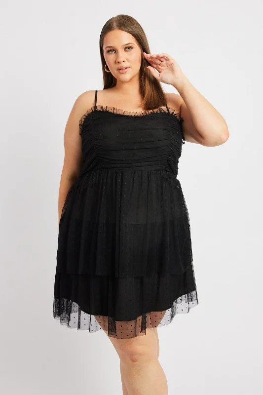 Black Tulle Frill Party Dress Satin Halter Glamorous