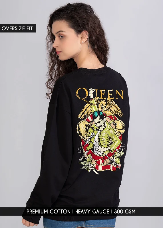 Black Queen Band Printed Oversized Sweatshirt Womens Hoodie with Camouflage Military Edgy