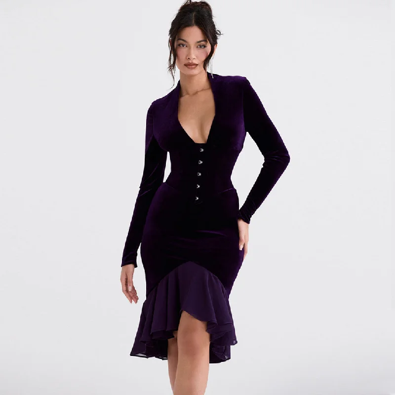 BerryBetty - High Low Mesh Panel Ruffle Hem Long Sleeve Velvet Mini Dress - Purple Elegant Sequin Mini Dress