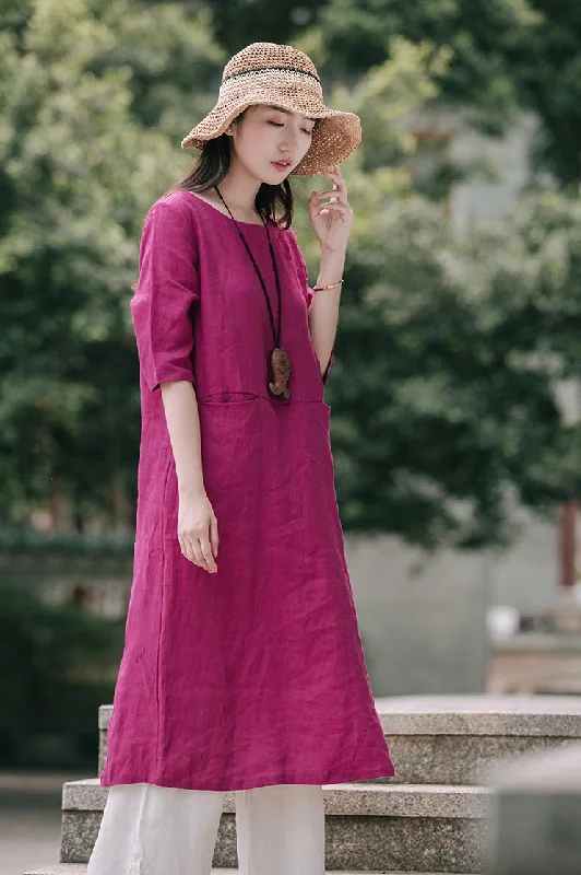 Summer new dress linen dress with crew and mid sleeves CYM377 Tunics Practical durable